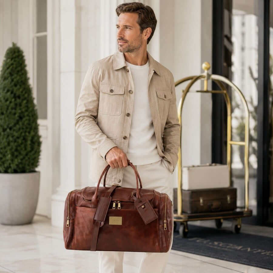 Man carrying a brown luxury leather travel bag for an anniversary getaway