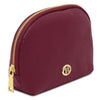Angled View Of The  Luxury Soft Leather Toiletry Case in Bordeaux with gold accents.