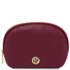 Luxury Soft Leather Toiletry Case in bordeaux pebbled leather with a gold-tone zipper and logo.