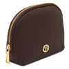 Angled View Of The  Luxury Soft Leather Toiletry Case in chocolate with gold accents.