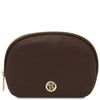 Luxury Soft Leather Toiletry Case in chocolate pebbled leather with a gold-tone zipper and logo.