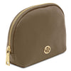 Angled View Of The  Luxury Soft Leather Toiletry Case in dark taupe with gold accents.