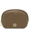 Luxury Soft Leather Toiletry Case in dark taupe pebbled leather with a gold-tone zipper and logo.