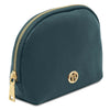 Angled View Of The  Luxury Soft Leather Toiletry Case in teal with gold accents.
