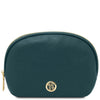 Luxury Soft Leather Toiletry Case in teal pebbled leather with a gold-tone zipper and logo.