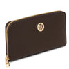 Luxury Zip Around Leather Wallet in dark brown pebbled leather with gold zip and logo detail.