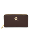 Financier Luxury Zip Around Leather Wallet in pebbled brown leather with gold emblem and zip-around closure.
