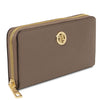 Luxury Zip Around Leather Wallet in dark taupe pebbled leather with gold zipper and logo, showcasing elegance and organization.