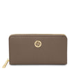 Luxury Zip Around Leather Wallet in pebbled leather with gold zipper and logo, elegant and organized design.