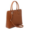 Angled And Shoulder Strap View Of The Cognac Womens Leather Business Bag
