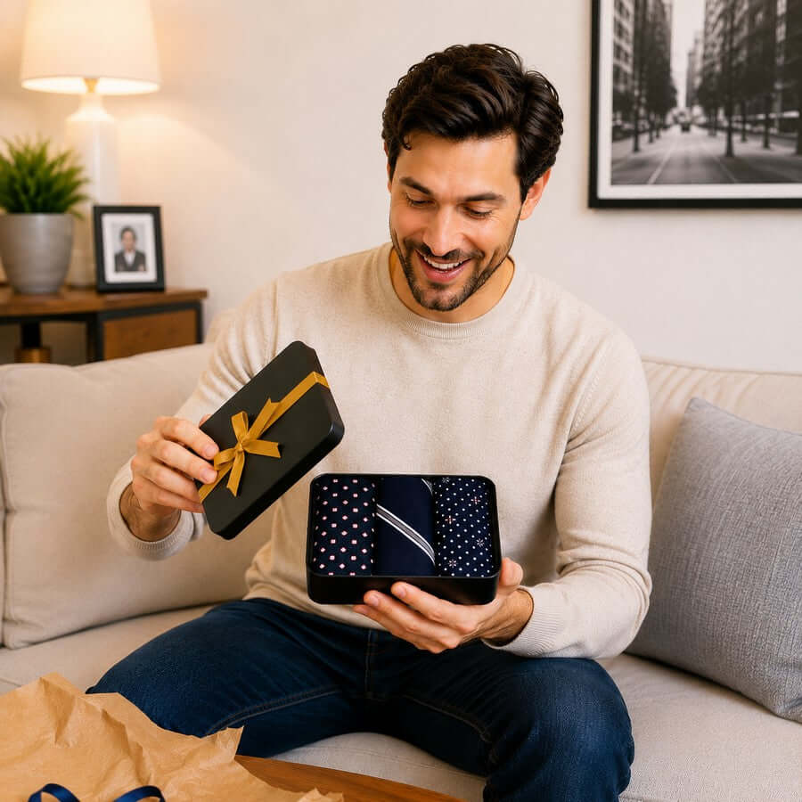 Man opening a gift tin containing three patterned men’s cotton handkerchiefs