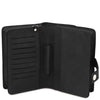Mens Leather Wristlet Bag interior view showing card slots and pockets for organization.