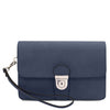 Mens Leather Wristlet Bag in dark blue with a sleek design and wrist strap for easy carrying.