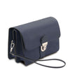 Mens Leather Wristlet Bag in dark blue with a sleek design and silver clasp for style and practicality.