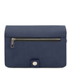 Mens Leather Wristlet Bag in dark blue with zippered pocket and button closure.