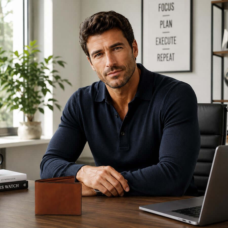 Man seated at a desk with a brown men’s trifold leather wallet