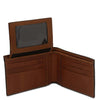 Mens Trifold Leather Wallet opened showing card pockets and bill compartments in premium matte leather.