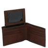 Mens Trifold Leather Wallet open showing card slots and ID window.
