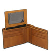 Mens Trifold Leather Wallet showcasing premium leather with multiple card slots and a transparent ID pocket.