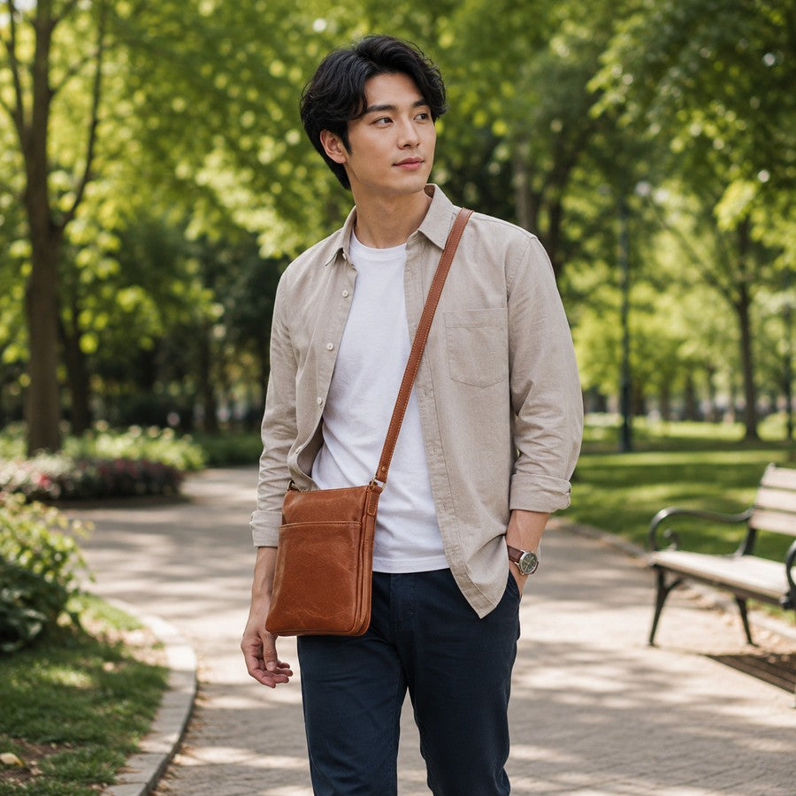 Man wearing a honey leather crossbody bag in a park