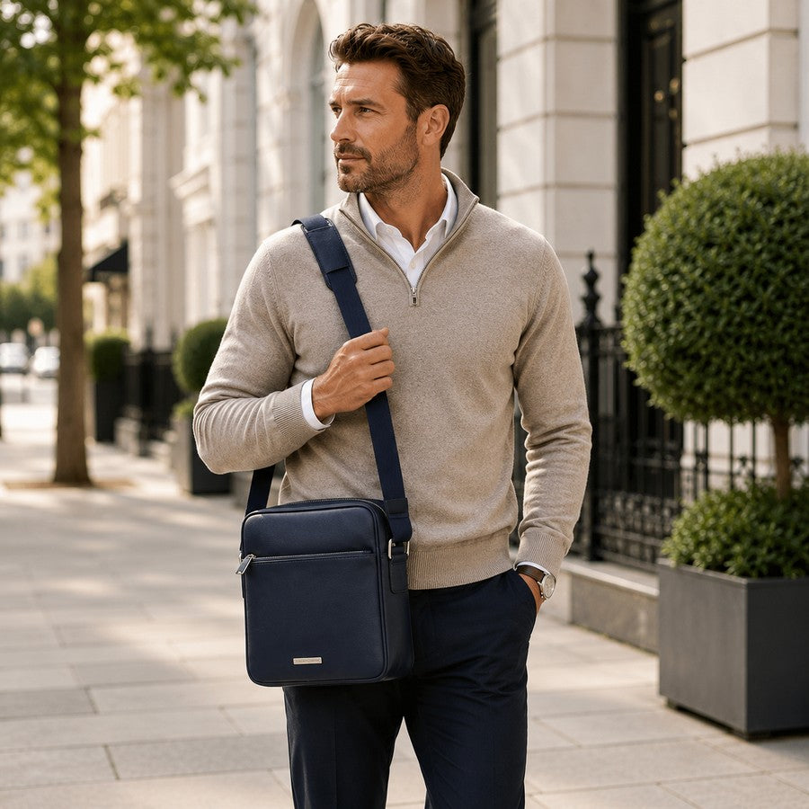 Man carrying a dark blue leather crossbody bag as a practical Christmas gift for him