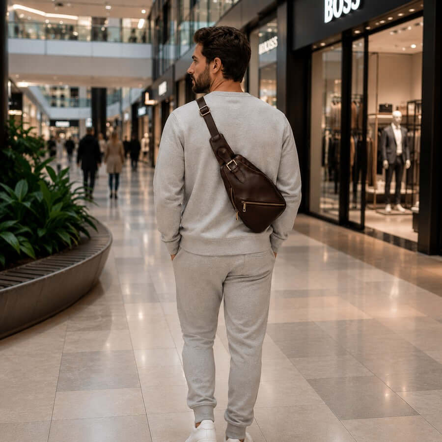 Man wearing a brown leather crossover bag as a practical wedding gift for the groom