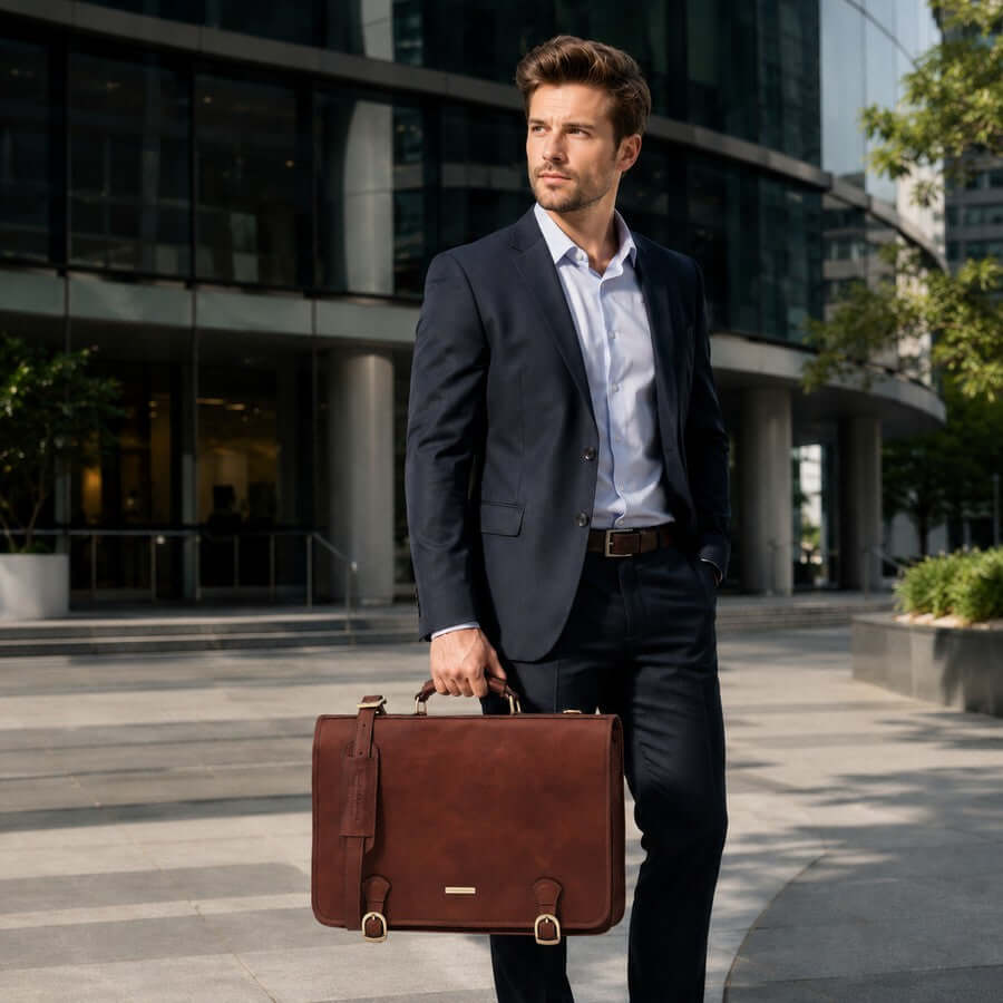 Business professional carrying a brown leather laptop and messenger bag outside a modern office