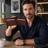 Man showcasing a Leather Money Clip Card Holder with multiple card slots in a stylish setting.