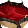 Internal Zip Pocket View Of The Black Natural Raffia Shopping Bag