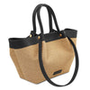 Angled And Shoulder Strap View Of The Black Natural Raffia Shopping Bag