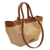 Angled And Shoulder Strap View Of The Cognac Natural Raffia Shopping Bag