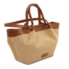 Angled View Of The Cognac Natural Raffia Shopping Bag