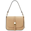 Front View Of The Champagne Leather Over Shoulder Bag