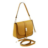 Angled And Shoulder Strap View Of The Mustard Leather Over Shoulder Bag