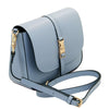 Angled And Shoulder Strap View Of The Light Blue  Leather Over Shoulder Bag