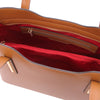 Internal Zip Pocket View Of The Cognac Genuine Leather Tote Handbag
