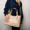 Crossbody Style View Of The Champagne Genuine Leather Tote Handbag 