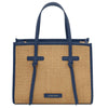 Raffia Shoulder Bag featuring woven raffia and blue leather accents.