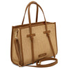 Raffia Shoulder Bag featuring woven raffia and cognac leather accents, ideal for everyday style and organization.