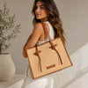 Raffia Shoulder Bag with pebbled leather accents, perfect for everyday style and versatility.