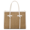 Raffia Shoulder Bag with woven raffia texture and white leather accents, perfect for everyday style.