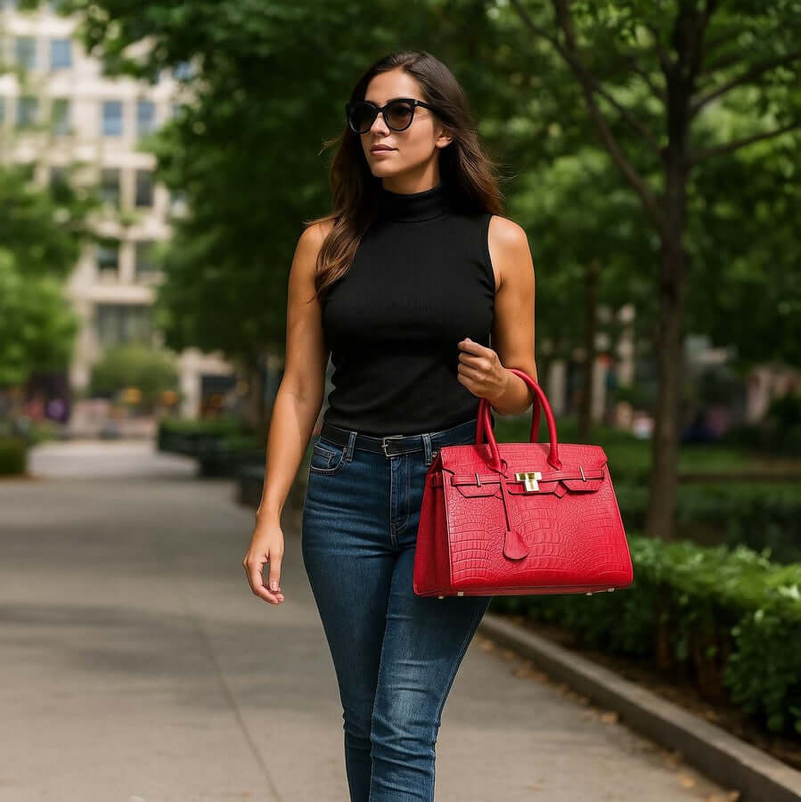 Woman modelling a red Terri leather handbag available through the Lizandez Outlet
