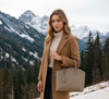 Woman Posing With The Light Taupe Ladies Leather Tote Bag