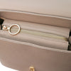 Main Zip Closure View Of The Light Taupe Leather Handbag Backpack Convertible