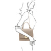 Over the Shoulder View Of The Light Taupe Leather Handbag Backpack Convertible