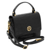 Angled And Shoulder Strap View Of The Black Small Croc Print Handbag