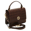 Angled And Shoulder Strap View Of The Coffee Small Croc Print Handbag