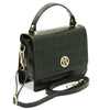 Angled And Shoulder Strap View Of The Forest Green Small Croc Print Handbag