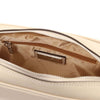 Internal Zip Pocket View Of The Beige Small Leather Crossbody Bag