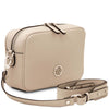 Angled And Shoulder Strap View Of The Beige Small Leather Crossbody Bag